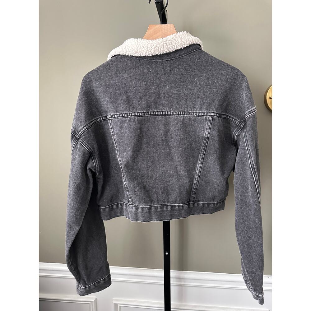 PacSun Sherpa Collar Cropped Black Denim Trucker Jacket Large - Picture 6 of 6